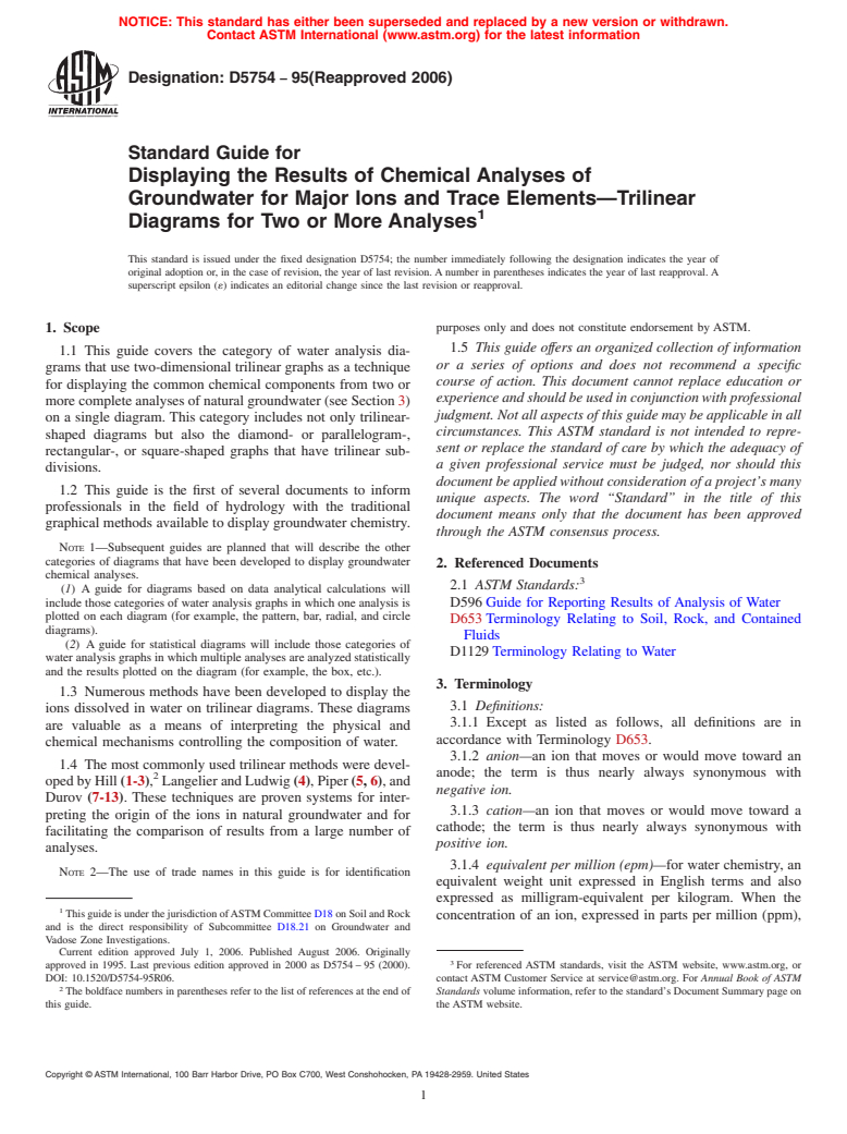 ASTM D5754-95(2006) - Standard Guide for  Displaying the Results of Chemical Analyses of Groundwater for Major Ions and Trace Elements<char: emdash>Trilinear Diagrams for Two or More Analyses (Withdrawn 2015)