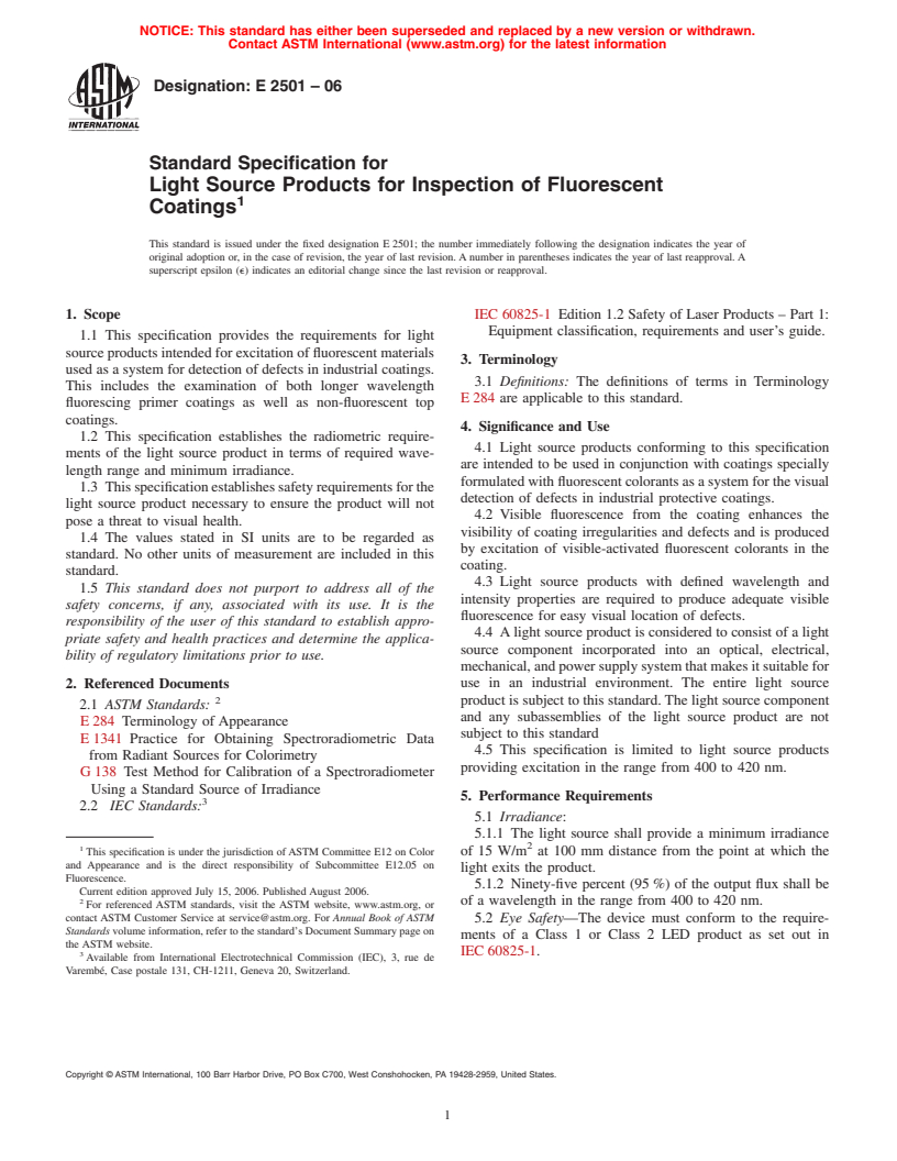 ASTM E2501-06 - Standard Specification for Light Source Products for Inspection of Fluorescent Coatings