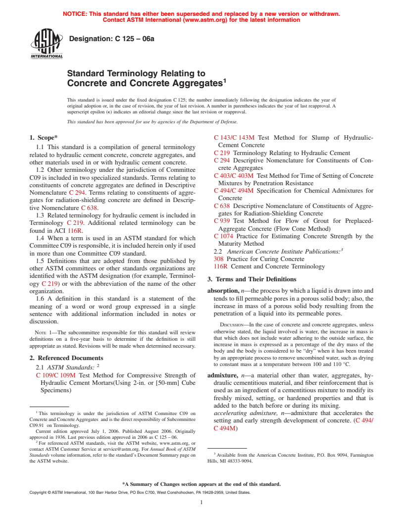 ASTM C125-06a - Standard Terminology Relating to Concrete and Concrete Aggregates