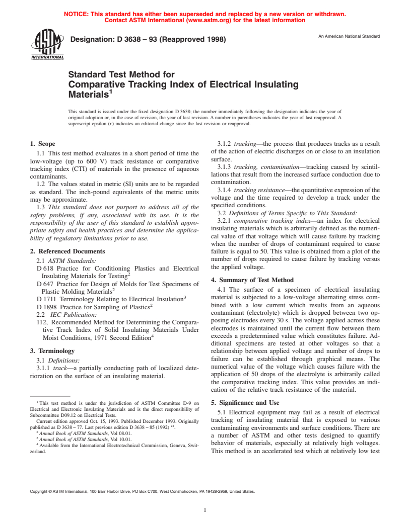 ASTM D3638-93(1998) - Standard Test Method for Comparative Tracking Index of Electrical Insulating Materials