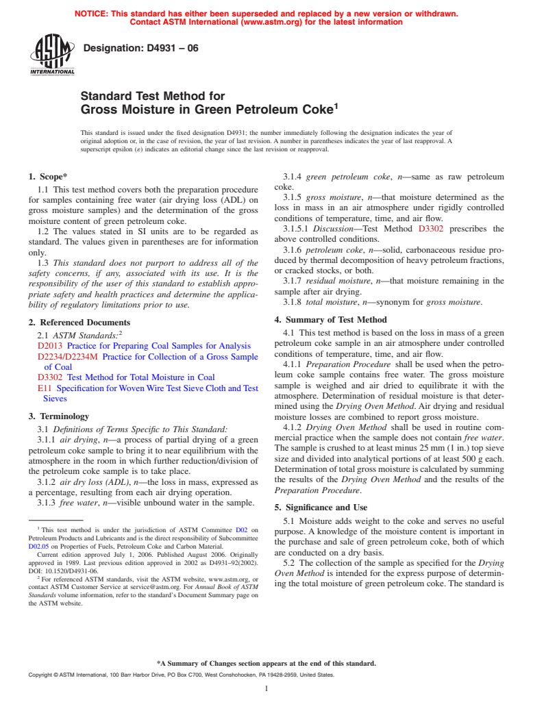 ASTM D4931-06 - Standard Test Method for Gross Moisture in Green Petroleum Coke