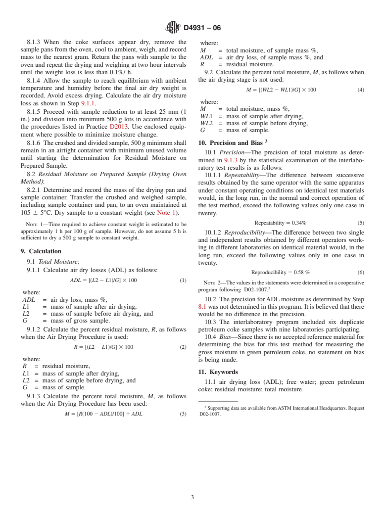 ASTM D4931-06 - Standard Test Method for Gross Moisture in Green Petroleum Coke