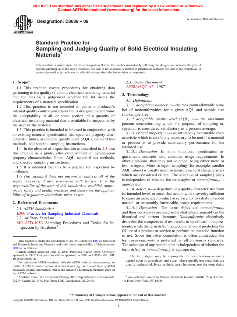 ASTM D3636-06 - Standard Practice for Sampling and Judging Quality of Solid Electrical Insulating Materials