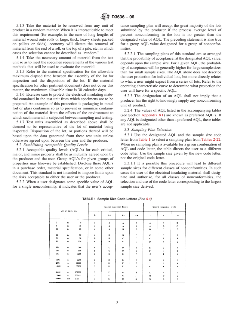 ASTM D3636-06 - Standard Practice for Sampling and Judging Quality of Solid Electrical Insulating Materials