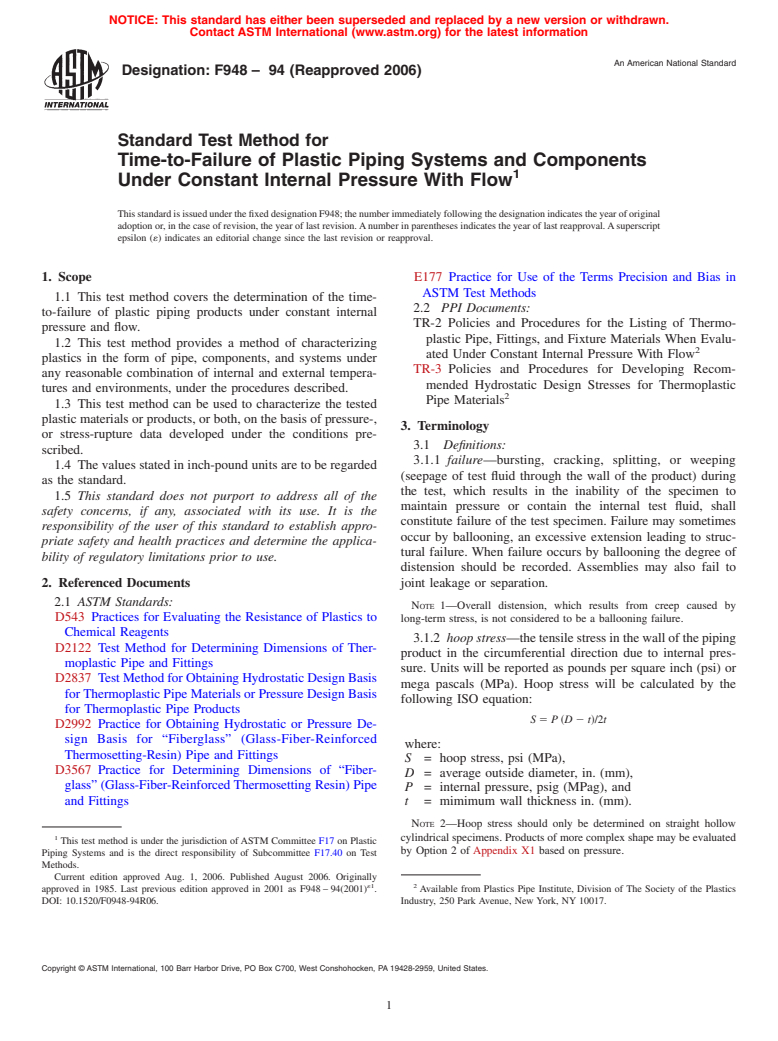 ASTM F948-94(2006) - Standard Test Method for Time-to-Failure of Plastic Piping Systems and Components Under Constant Internal Pressure With Flow