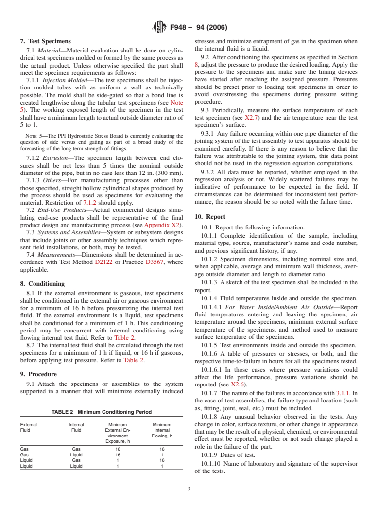 ASTM F948-94(2006) - Standard Test Method for Time-to-Failure of Plastic Piping Systems and Components Under Constant Internal Pressure With Flow