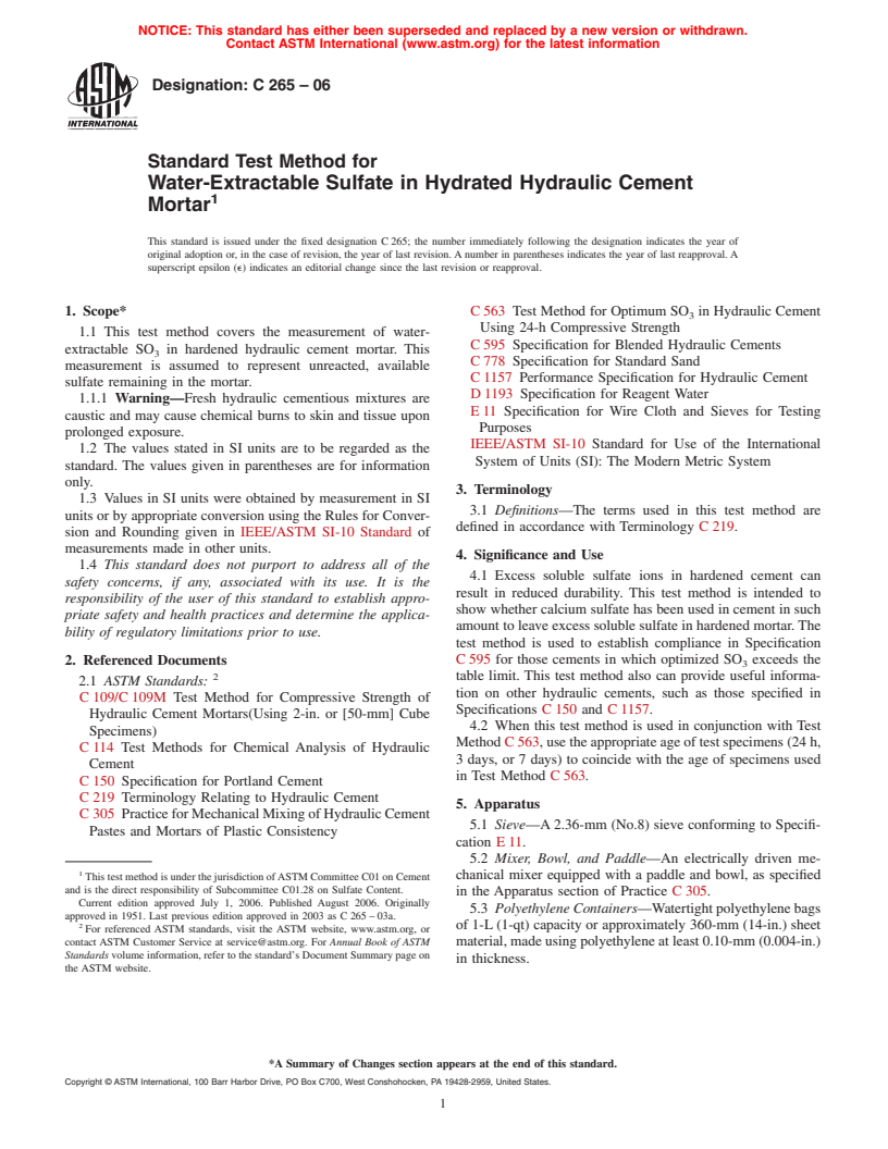 ASTM C265-06 - Standard Test Method for Water-Extractable Sulfate in Hydrated Hydraulic Cement Mortar