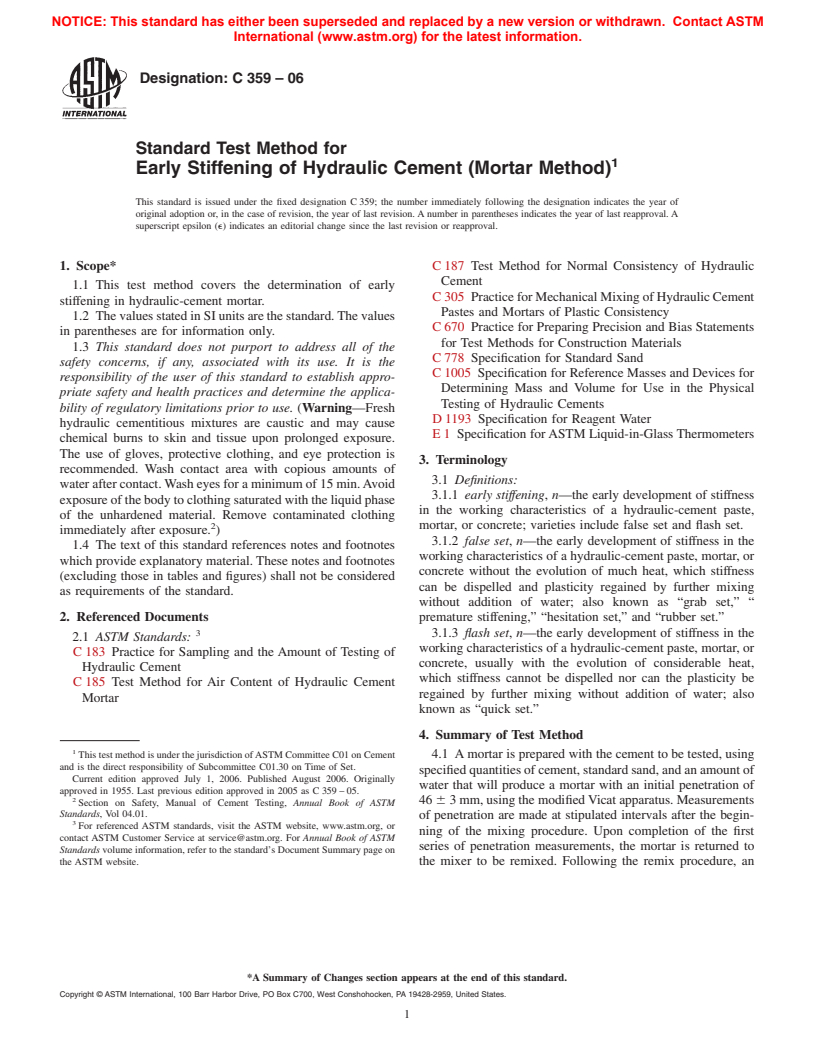 ASTM C359-06 - Standard Test Method for Early Stiffening of Hydraulic Cement (Mortar Method)