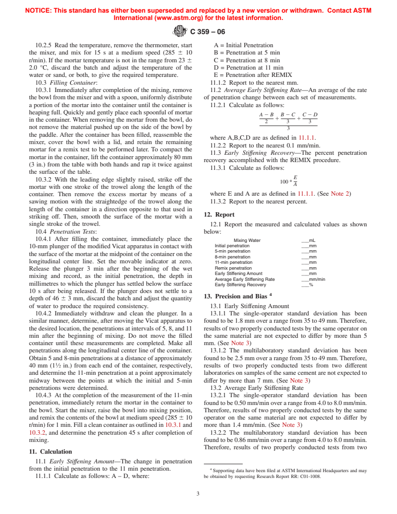 ASTM C359-06 - Standard Test Method for Early Stiffening of Hydraulic Cement (Mortar Method)