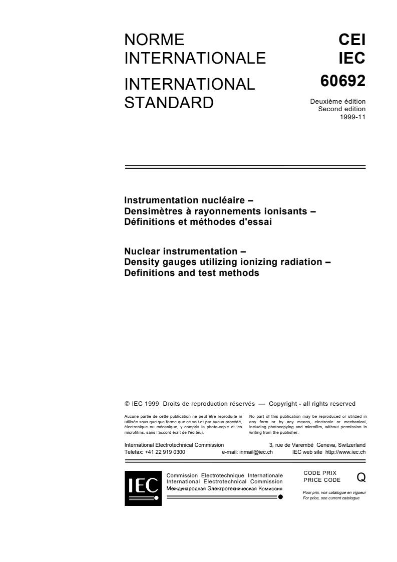 IEC 60692:1999 - Nuclear instrumentation - Density gauges utilizing ionizing radiation - Definitions and test methods