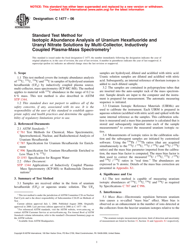 ASTM C1477-06 - Standard Test Method for Isotopic Abundance Analysis of ...