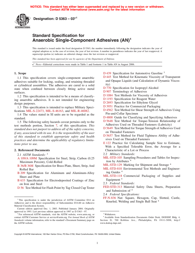 ASTM D5363-03e1 - Standard Specification for Anaerobic Single-Component Adhesives (AN)