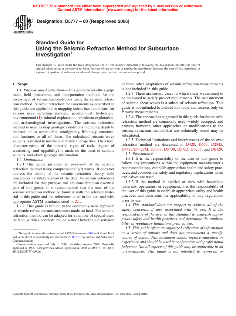 ASTM D5777-00(2006) - Standard Guide for  Using the Seismic Refraction Method for Subsurface Investigation