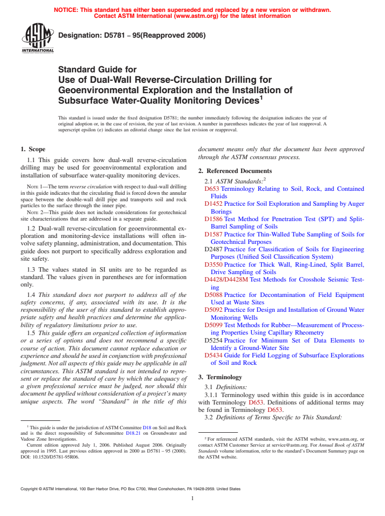 ASTM D5781-95(2006) - Standard Guide for  Use of Dual-Wall Reverse-Circulation Drilling for Geoenvironmental Exploration and the Installation of Subsurface Water-Quality Monitoring Devices