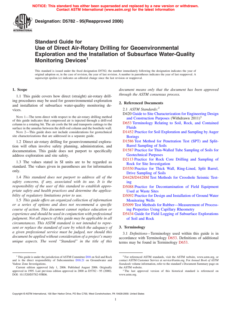 ASTM D5782-95(2006) - Standard Guide for  Use of Direct Air-Rotary Drilling for Geoenvironmental Exploration and the Installation of Subsurface Water-Quality Monitoring Devices