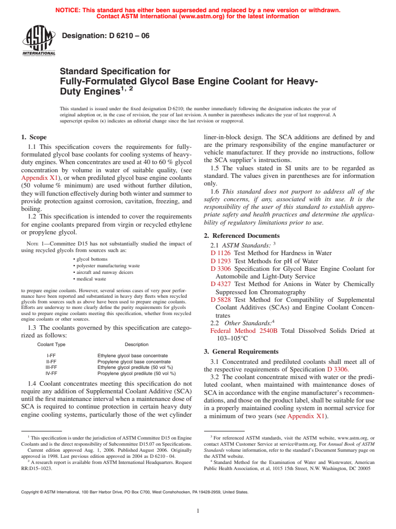 ASTM D6210-06 - Standard Specification for Fully-Formulated Glycol Base Engine Coolant for Heavy-Duty Engines