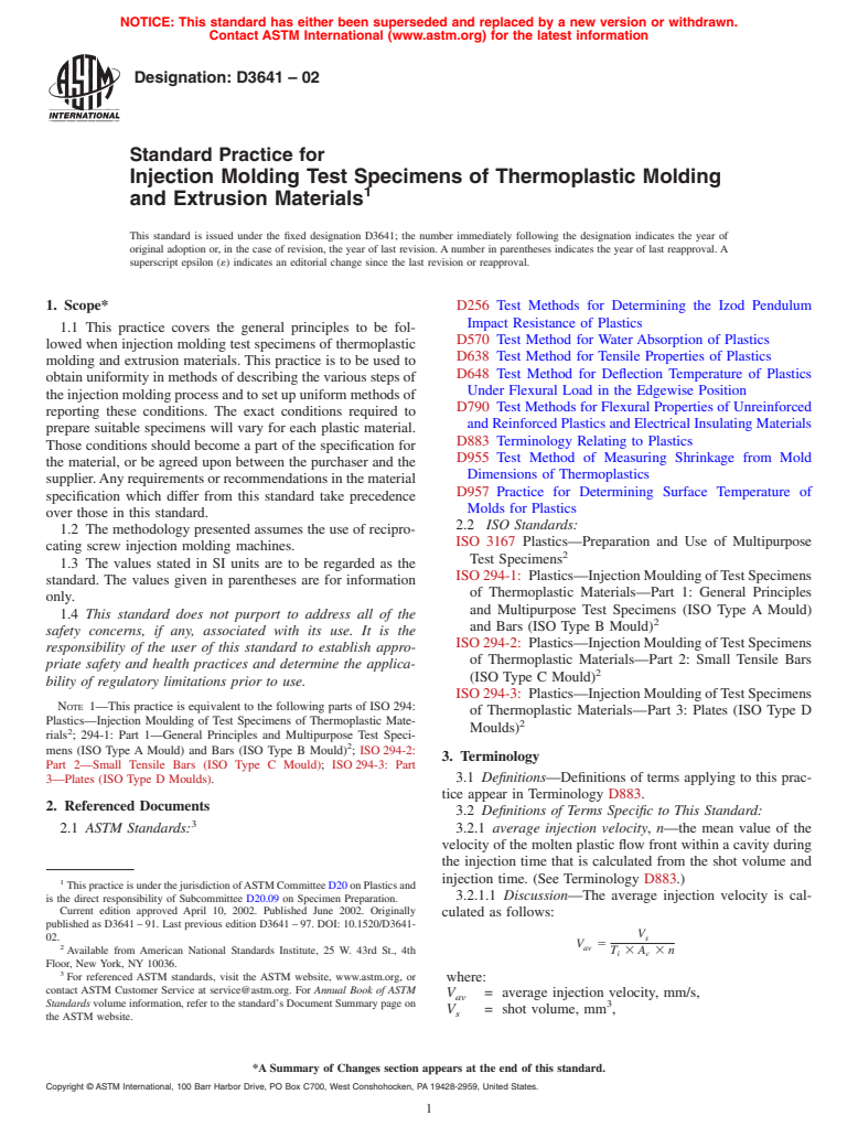 ASTM D3641-02 - Standard Practice for Injection Molding Test Specimens of Thermoplastic Molding and Extrusion Materials