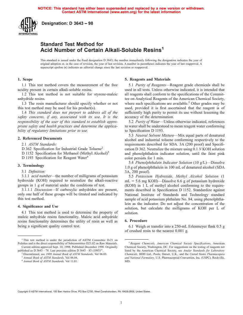 ASTM D3643-98 - Standard Test Method for Acid Number of Certain Alkali-Soluble Resins