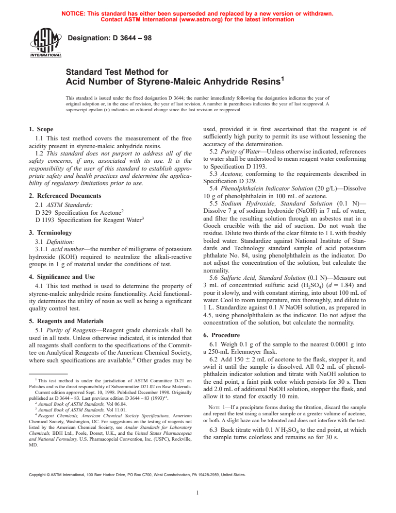 ASTM D3644-98 - Standard Test Method for Acid Number of Styrene-Maleic Anhydride Resins
