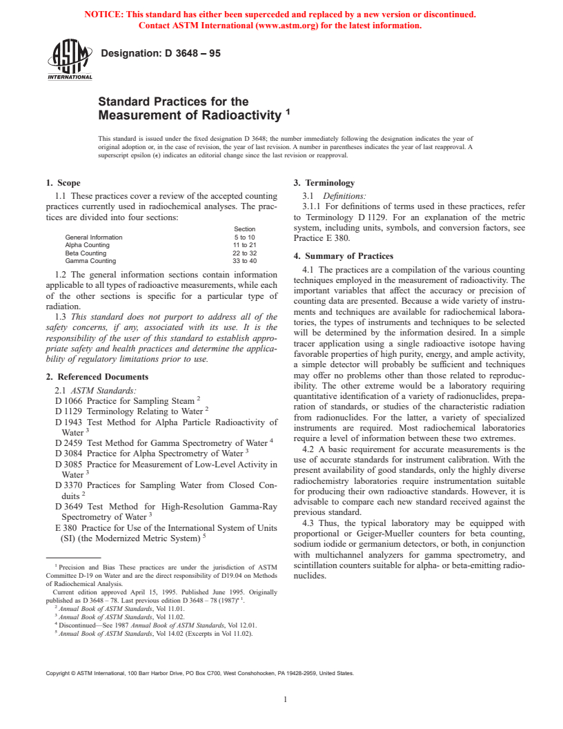 ASTM D3648-95 - Standard Practices for the Measurement of Radioactivity