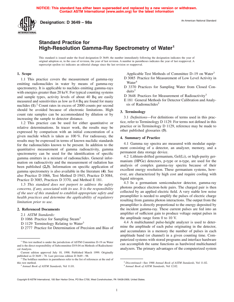 ASTM D3649-98a - Standard Test Method for High-Resolution Gamma-Ray Spectrometry of Water