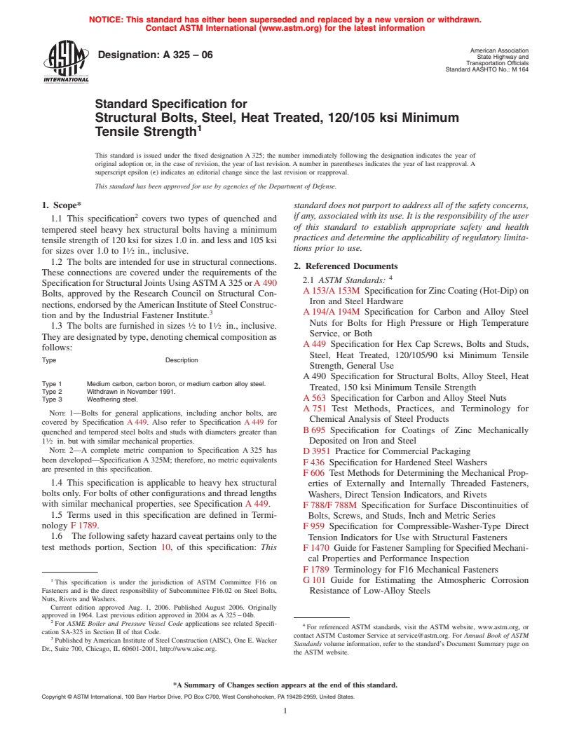 ASTM A325-06 - Standard Specification For Structural Bolts, Steel, Heat ...