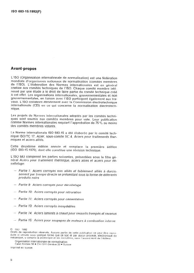 ISO 683-15:1992 ISO 683-15:1992 - Aciers pour traitement thermique, aciers alliés et aciers pour décolletage - Page 2 preview