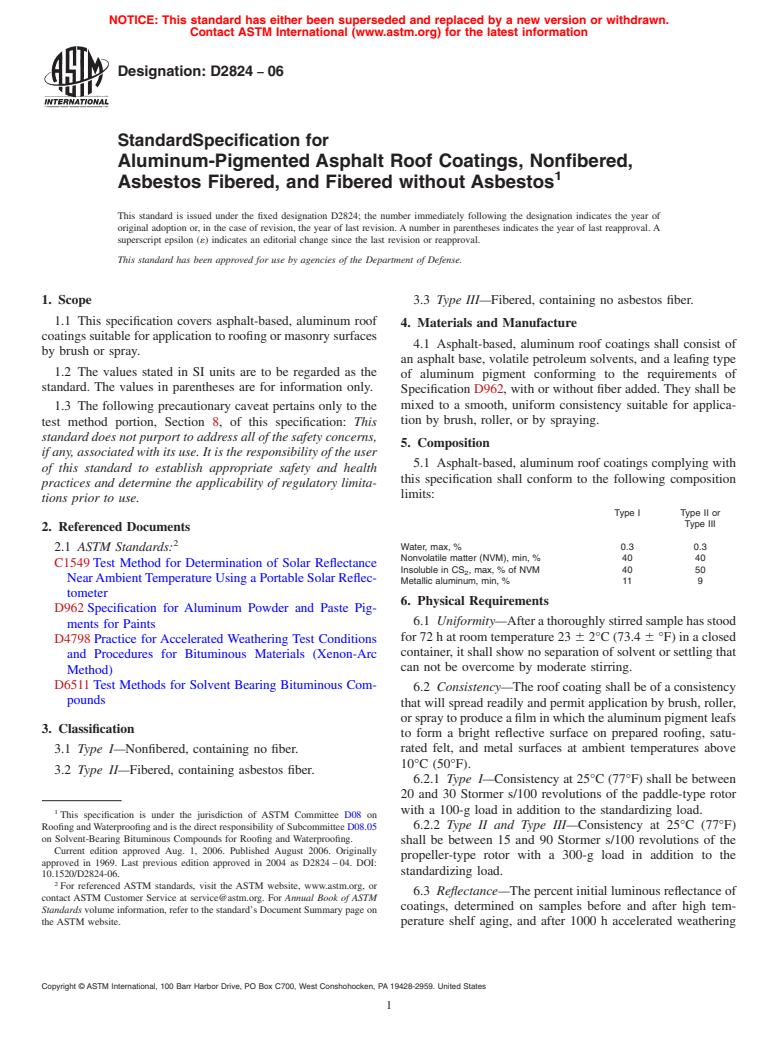 ASTM D2824-06 - Standard Specification for Aluminum-Pigmented Asphalt Roof Coatings, Nonfibered, Asbestos Fibered, and Fibered without Asbestos