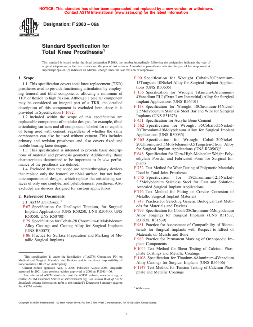 ASTM F2083-06a - Standard Specification for Total Knee Prosthesis