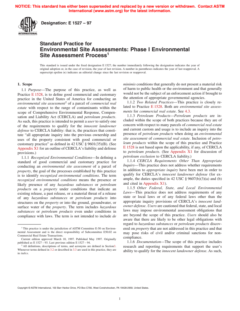 ASTM E1527-97 - Standard Practice for Environmental Site Assessments: Phase 1 Environmental Site Assessment Process