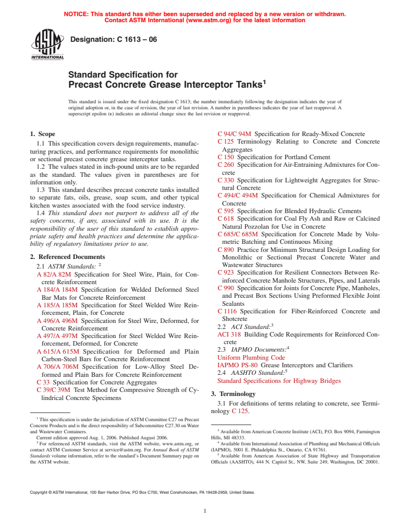 ASTM C1613-06 - Standard Specification for Precast Concrete Grease Interceptor Tanks