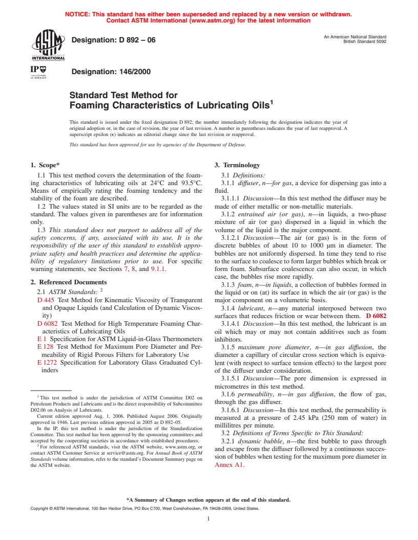 ASTM D892-06 - Standard Test Method for Foaming Characteristics of Lubricating Oils