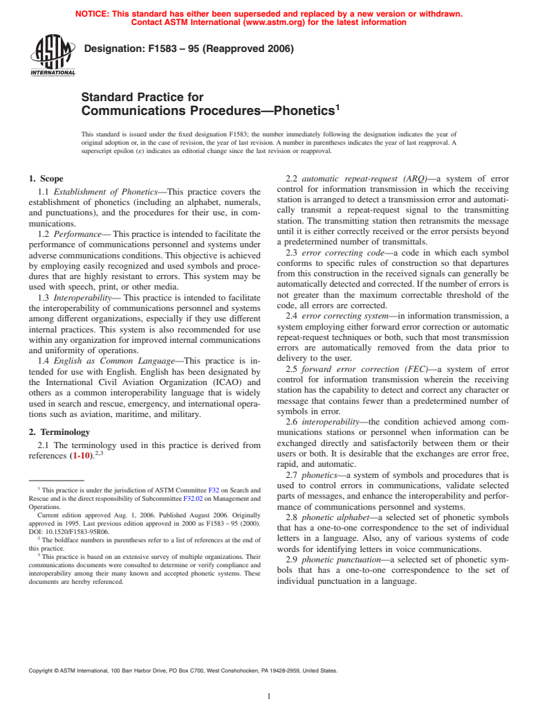 ASTM F1583-95(2006) - Standard Practice for Communications Procedures-Phonetics