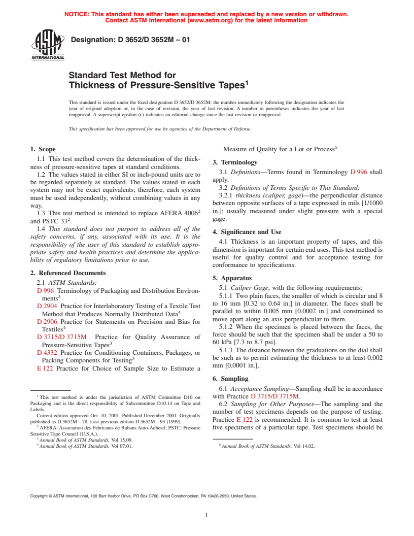 ASTM D3652/D3652M-01 - Standard Test Method for Thickness of Pressure-Sensitive Tapes