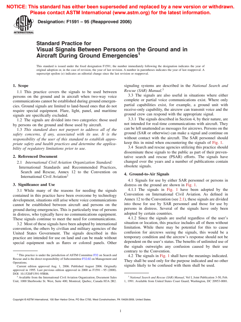 ASTM F1591-95(2006) - Standard Practice for Visual Signals Between Persons on the Ground and in Aircraft During Ground Emergencies