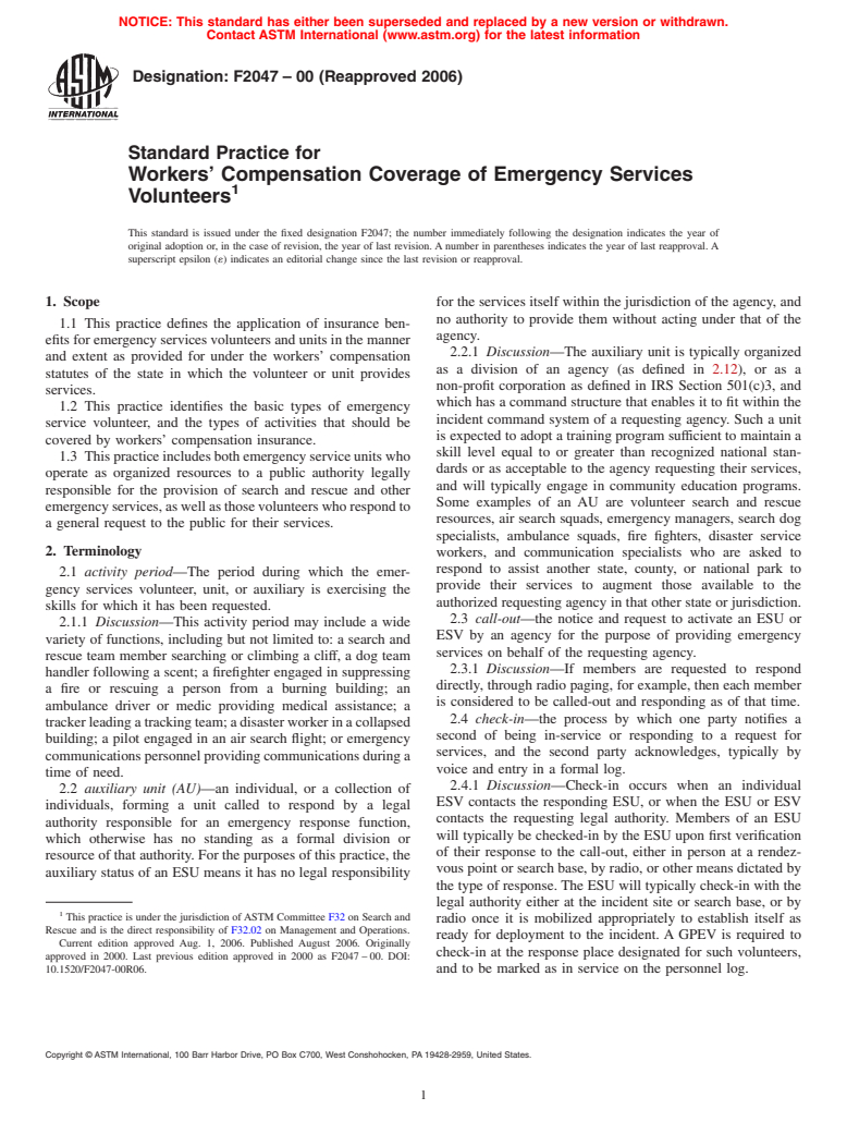 ASTM F2047-00(2006) - Standard Practice for Workers' Compensation Coverage of Emergency Services Volunteers