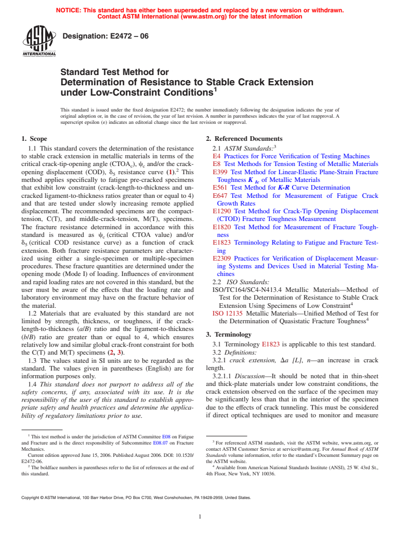 ASTM E2472-06 - Standard Test Method for Determination of Resistance to Stable Crack Extension under Low-Constraint Conditions