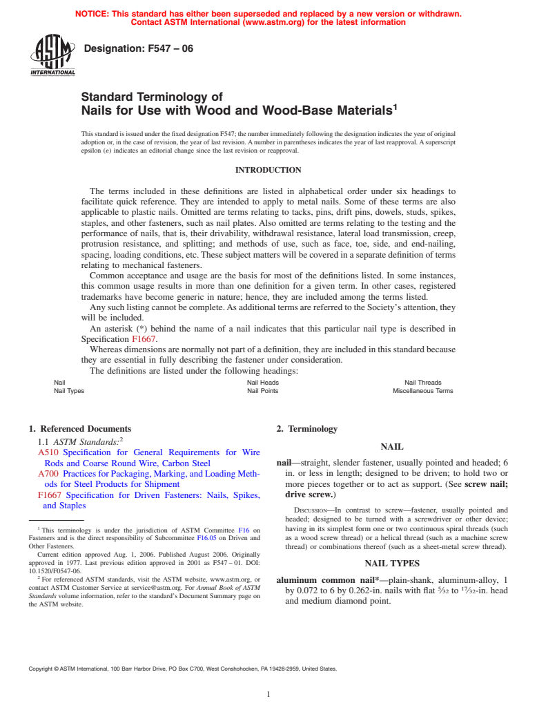 ASTM F547-06 - Standard Terminology of Nails for Use with Wood and Wood-Base Materials