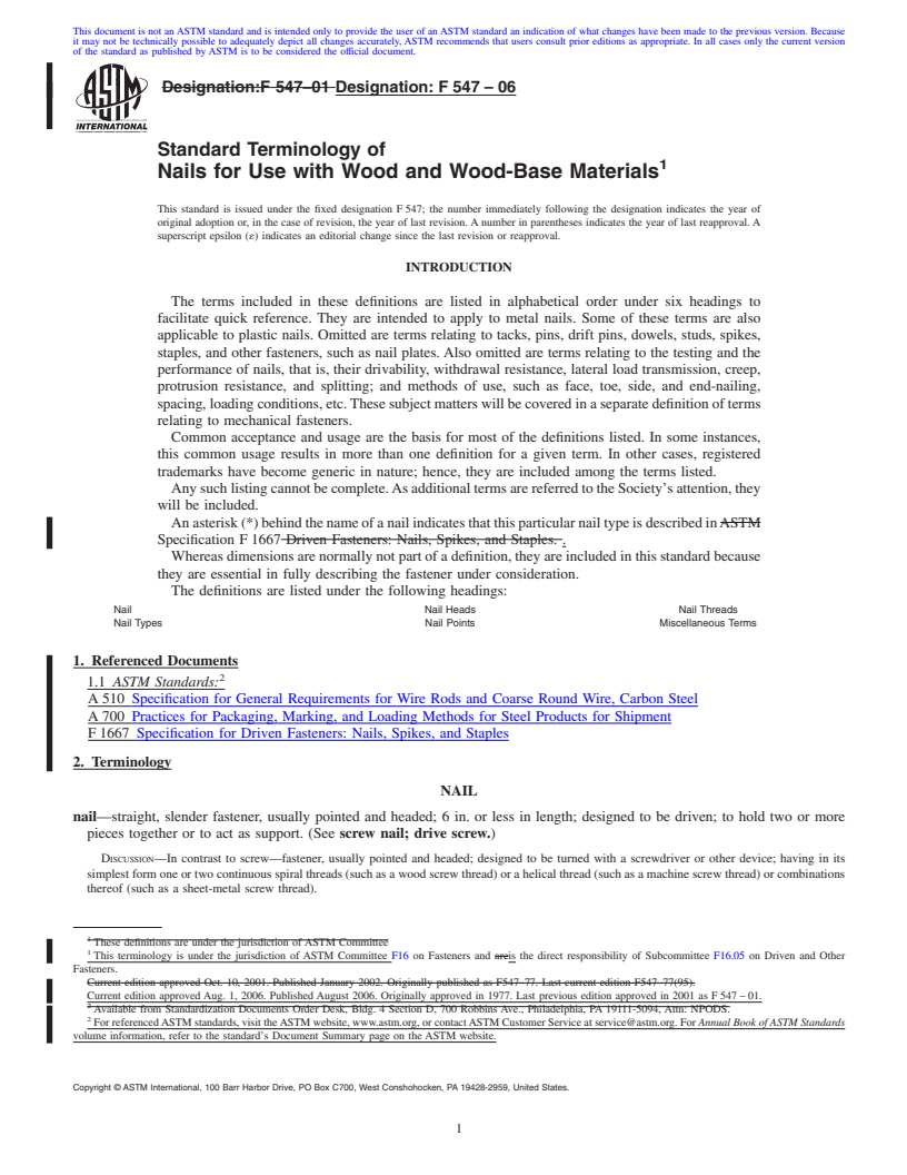 REDLINE ASTM F547-06 - Standard Terminology of Nails for Use with Wood and Wood-Base Materials