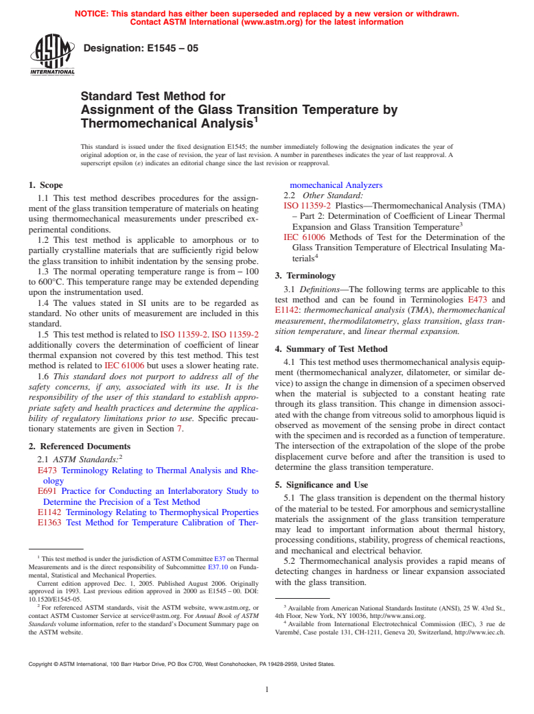 ASTM E1545-05 - Standard Test Method for Assignment of the Glass Transition Temperature by Thermomechanical Analysis