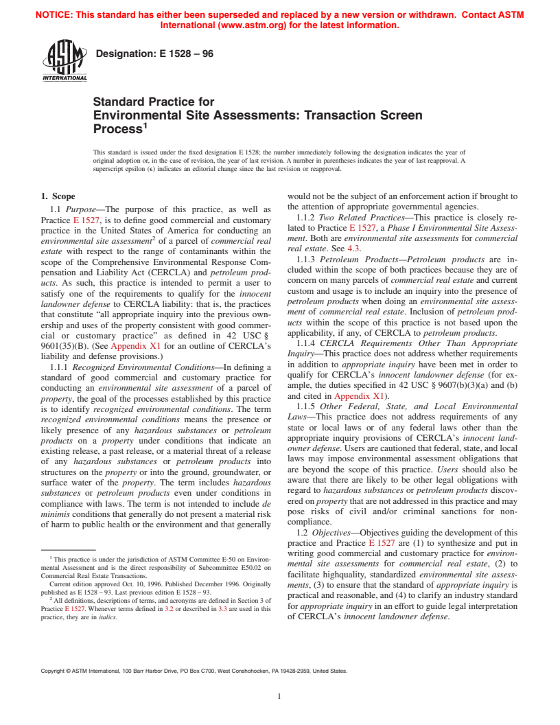 ASTM E1528-96 - Standard Practice for Limited Environmental Due Diligence: Transaction Screen Process