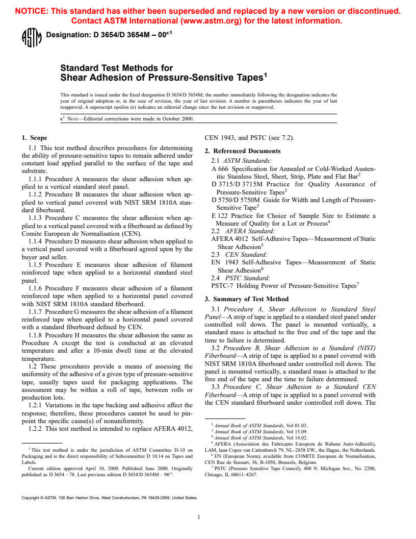 ASTM D3654/D3654M-00e1 - Standard Test Methods for Shear Adhesion of Pressure-Sensitive Tapes