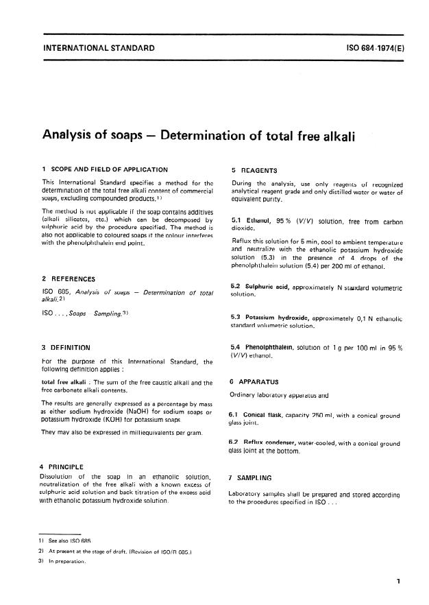 ISO 684:1974 - Analysis of soaps -- Determination of total free alkali