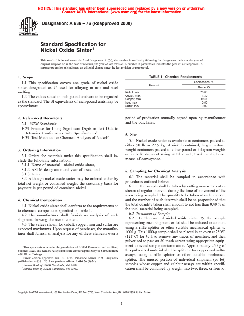 ASTM A636-76(2000) - Standard Specification for Nickel Oxide Sinter