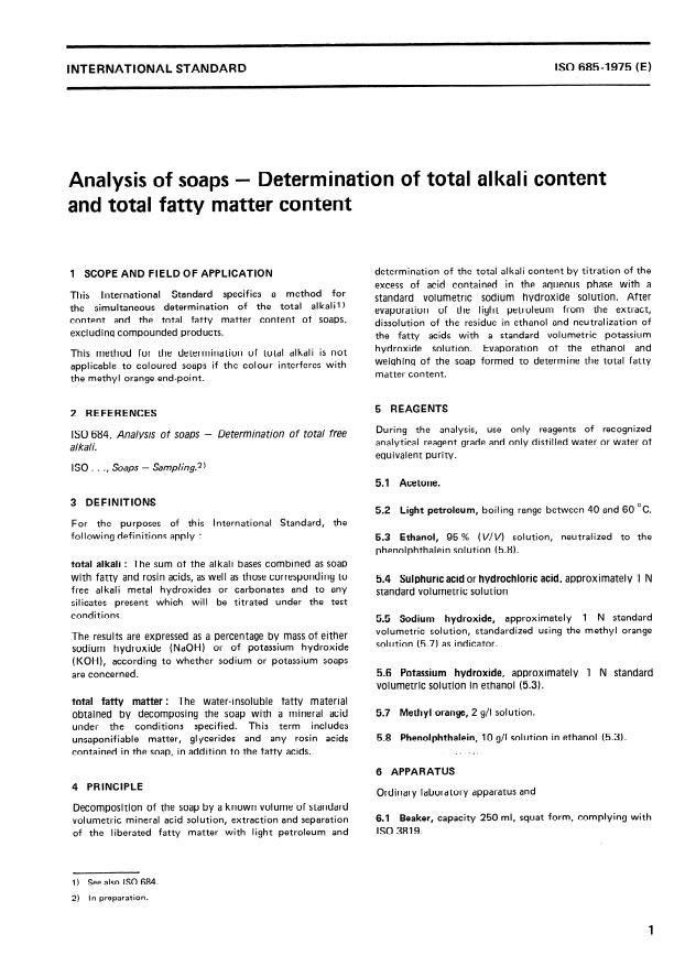 ISO 685:1975 - Analysis of soaps -- Determination of total alkali content and total fatty matter content