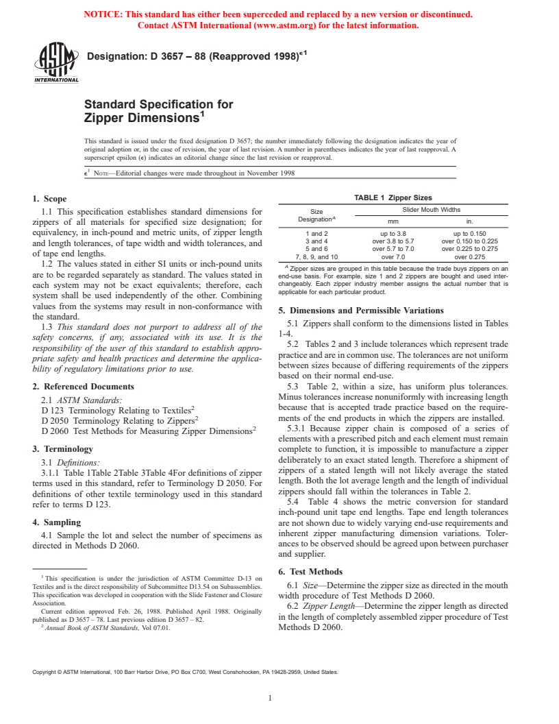 ASTM D3657-88(1998)e1 - Standard Specification for Zipper Dimensions