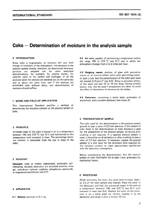 ISO 687:1974 - Coke -- Determination of moisture in the analysis sample