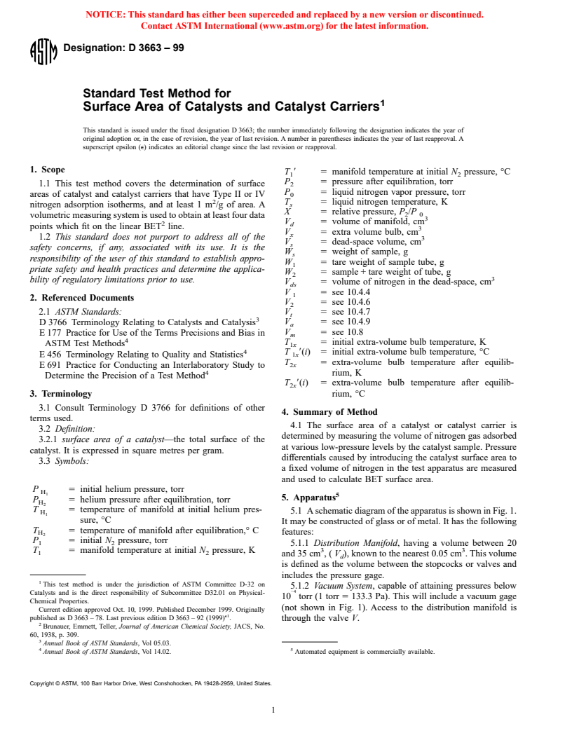 ASTM D3663-99 - Standard Test Method for Surface Area of Catalysts and Catalyst Carriers