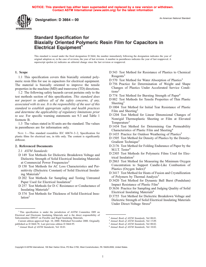 ASTM D3664-00 - Standard Specification for Biaxially Oriented Polymeric Resin Film for Capacitors in Electrical Equipment