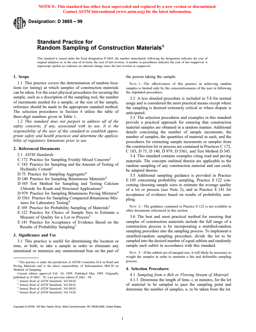 ASTM D3665-99 - Standard Practice for Random Sampling of Construction Materials